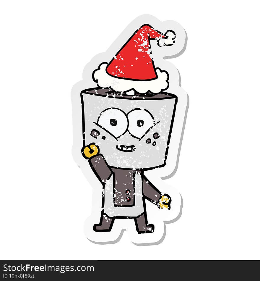 happy distressed sticker cartoon of a robot waving hello wearing santa hat