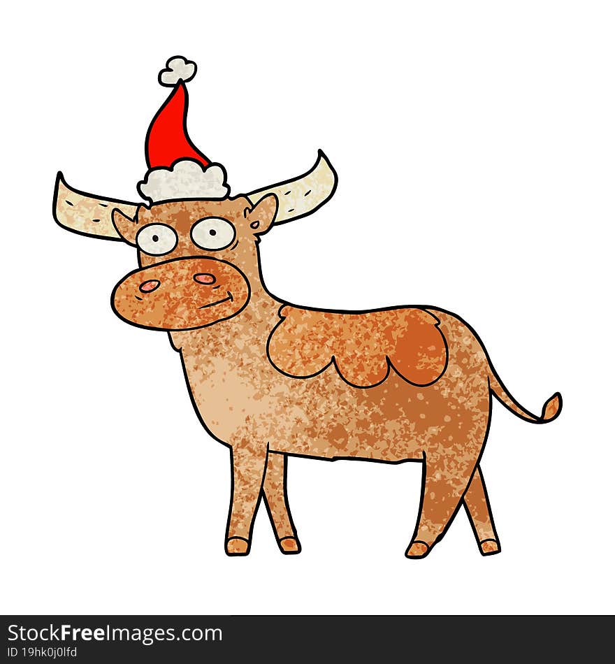 textured cartoon of a bull wearing santa hat