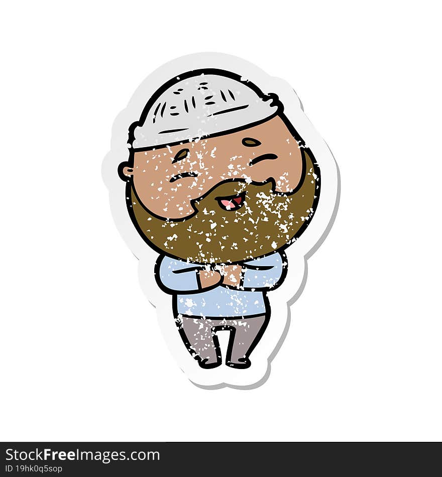 Distressed Sticker Of A Cartoon Happy Bearded Man