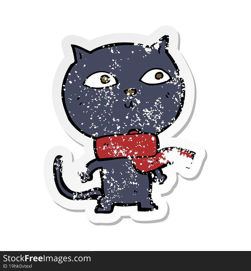 retro distressed sticker of a cartoon black cat wearing scarf