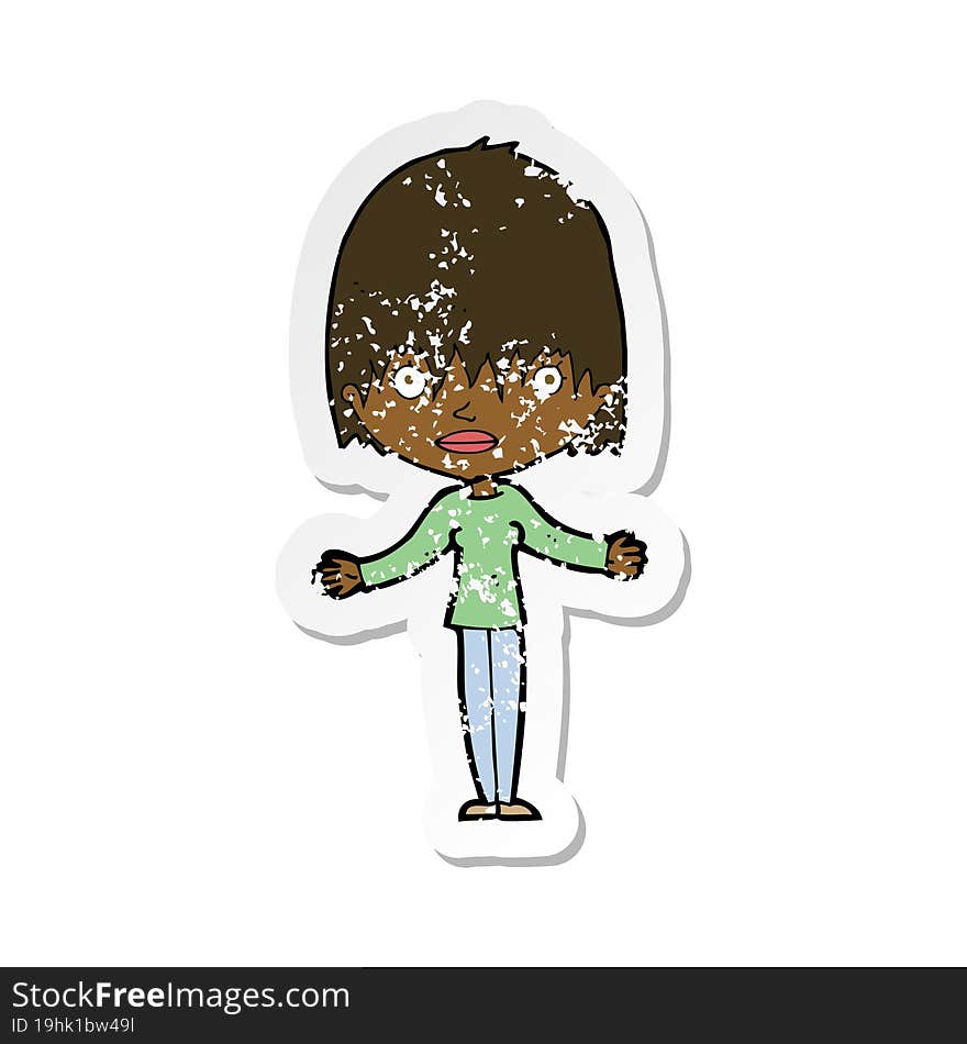 retro distressed sticker of a cartoon woman shrugging shoulders