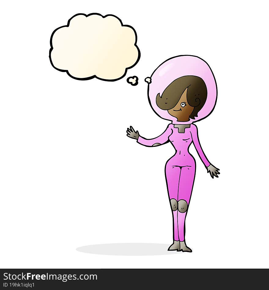 cartoon space woman with thought bubble