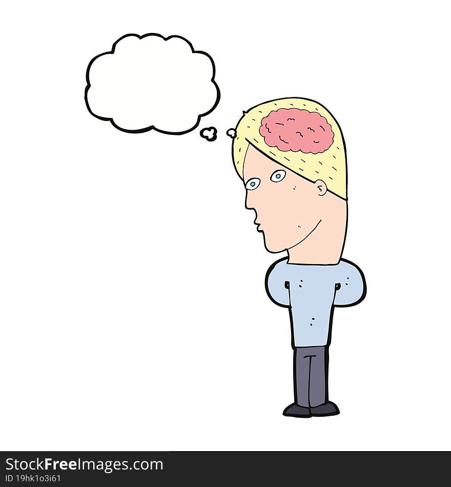 cartoon man with big brain with thought bubble