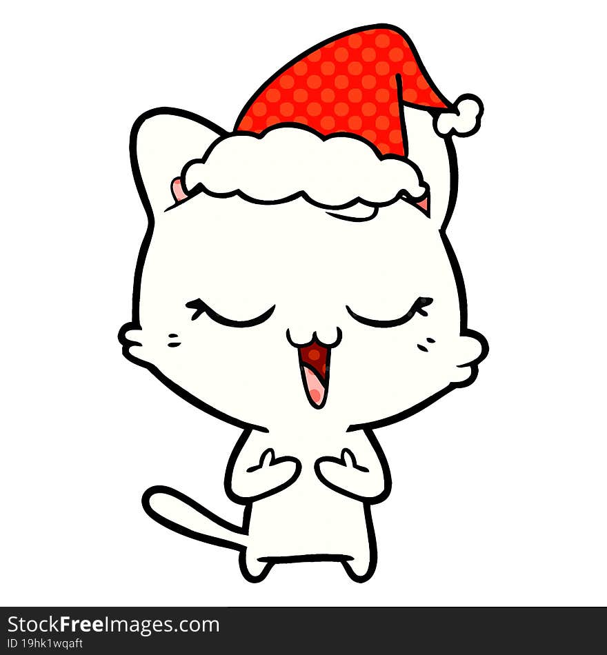 happy comic book style illustration of a cat wearing santa hat