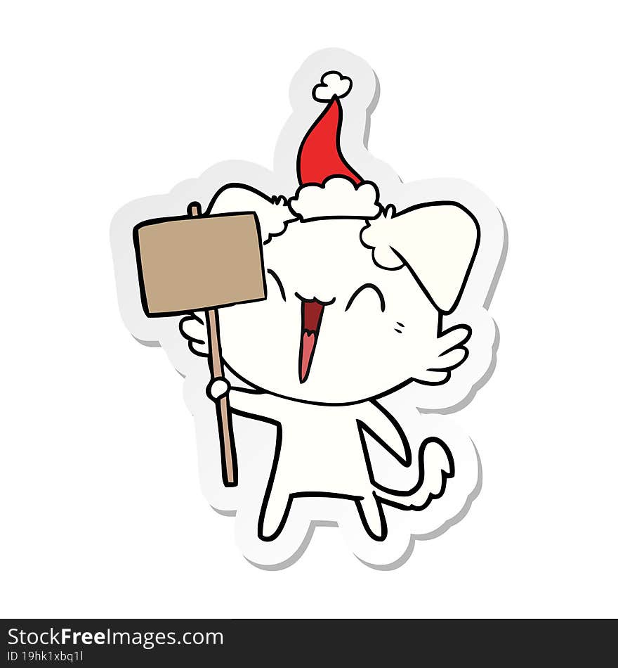 happy little sticker cartoon of a dog holding sign wearing santa hat