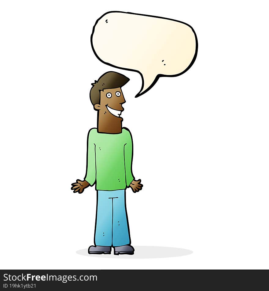 cartoon man shrugging shoulders with speech bubble