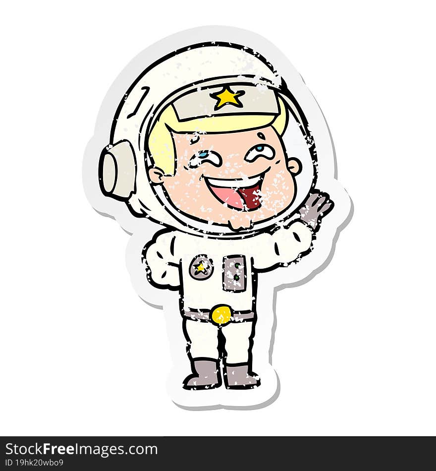 distressed sticker of a cartoon laughing astronaut