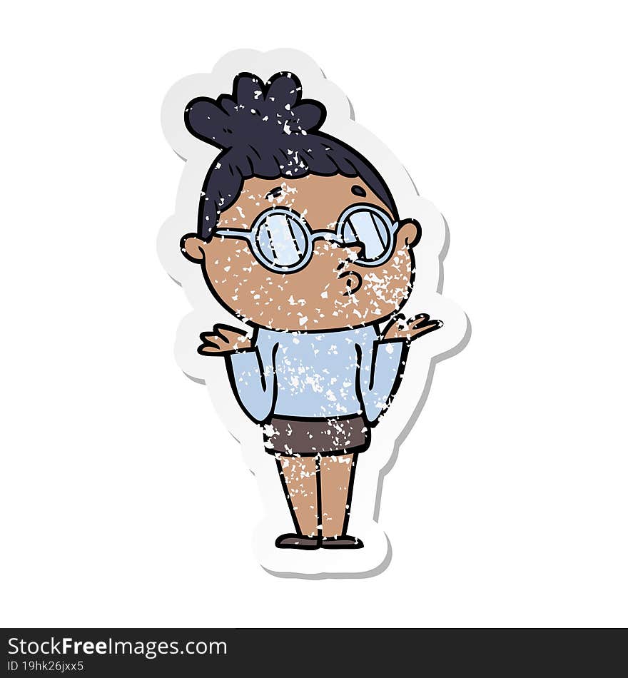 distressed sticker of a cartoon woman wearing glasses