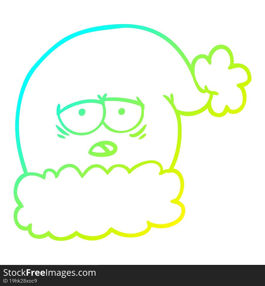 cold gradient line drawing of a cartoon christmas santa hat with tired face