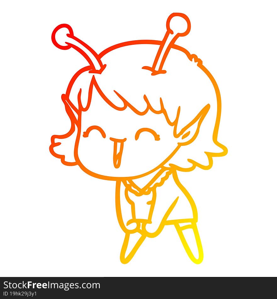 warm gradient line drawing of a cartoon alien girl laughing