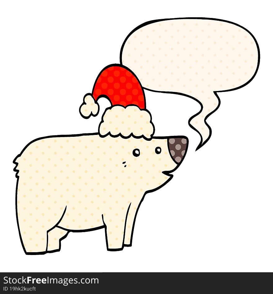 cartoon bear wearing christmas hat and speech bubble in comic book style