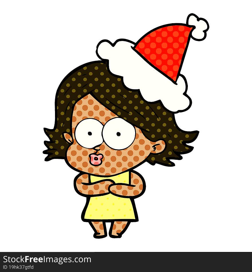 comic book style illustration of a girl pouting wearing santa hat