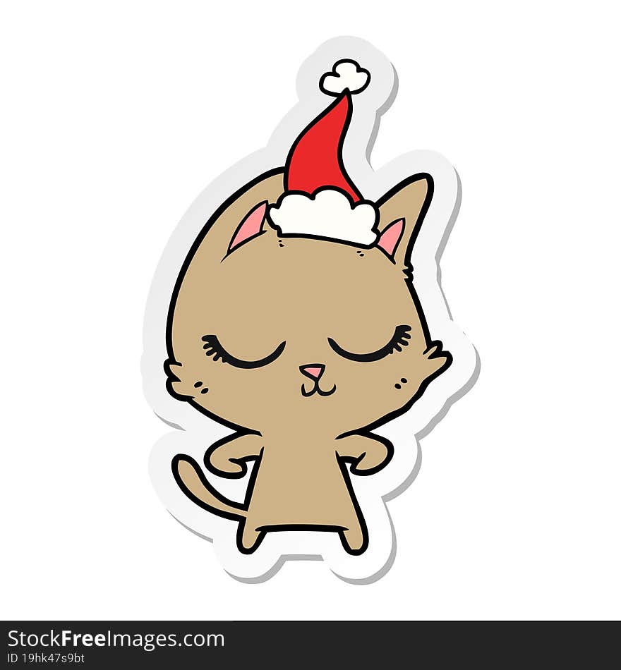 calm sticker cartoon of a cat wearing santa hat