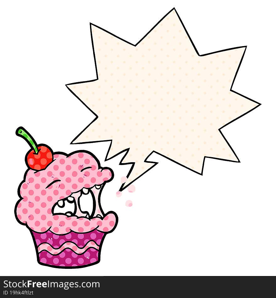 funny cartoon cupcake with speech bubble in comic book style