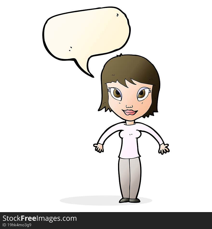 cartoon woman shrugging shoulders with speech bubble