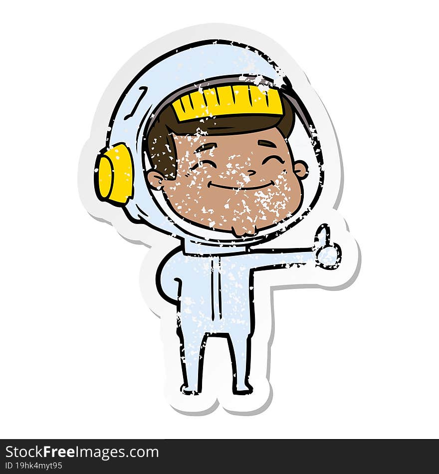 distressed sticker of a happy cartoon astronaut