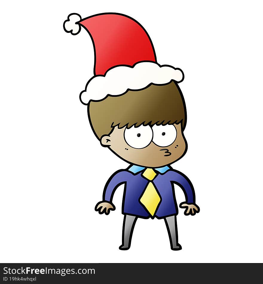 nervous hand drawn gradient cartoon of a boy wearing shirt and tie wearing santa hat