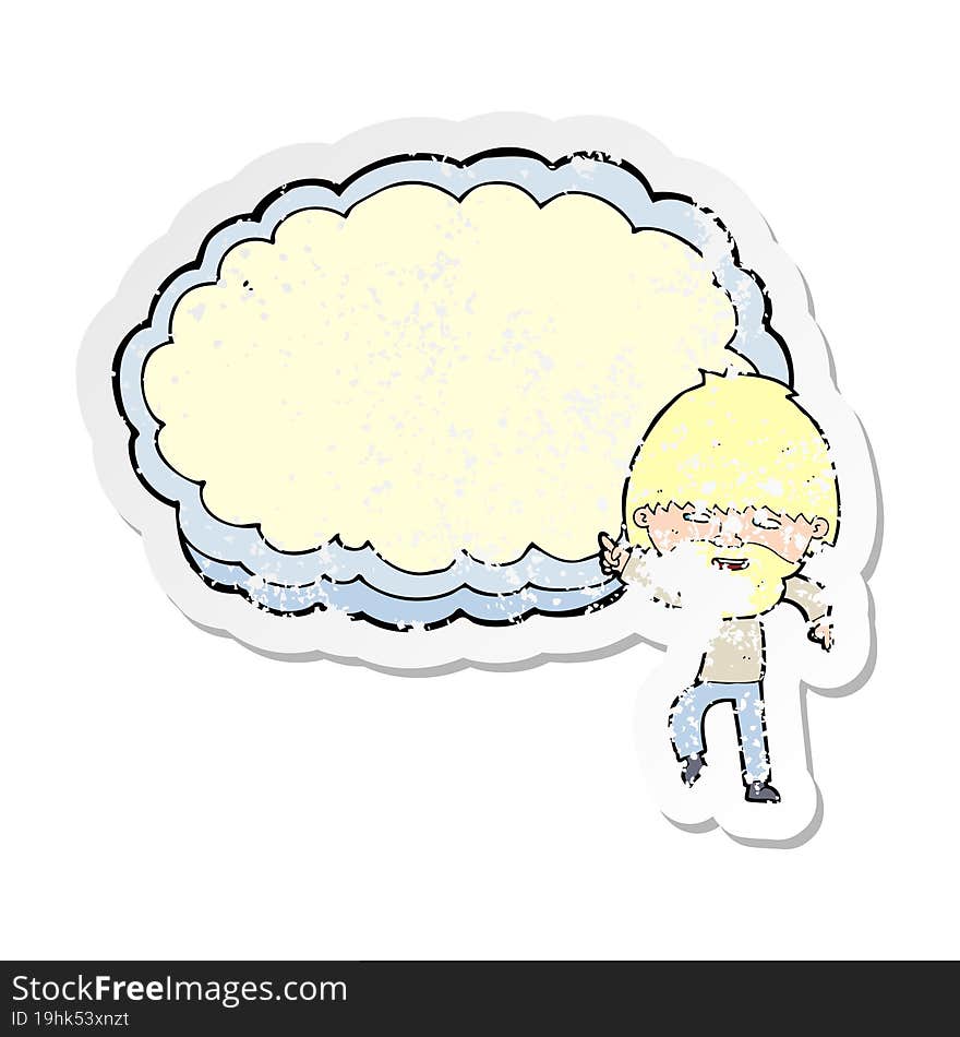 retro distressed sticker of a cartoon man pointing at text cloud space