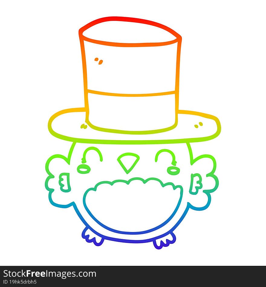 rainbow gradient line drawing cartoon owl wearing top hat