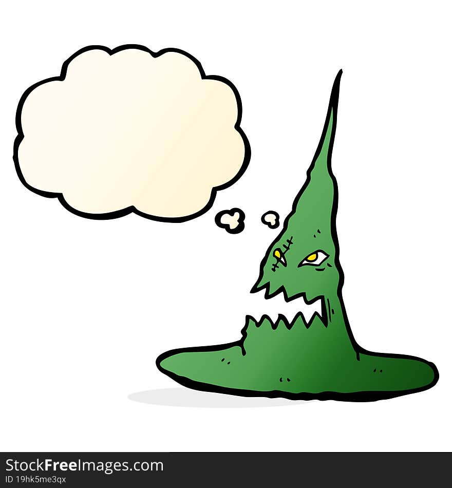 cartoon spooky witches hat with thought bubble