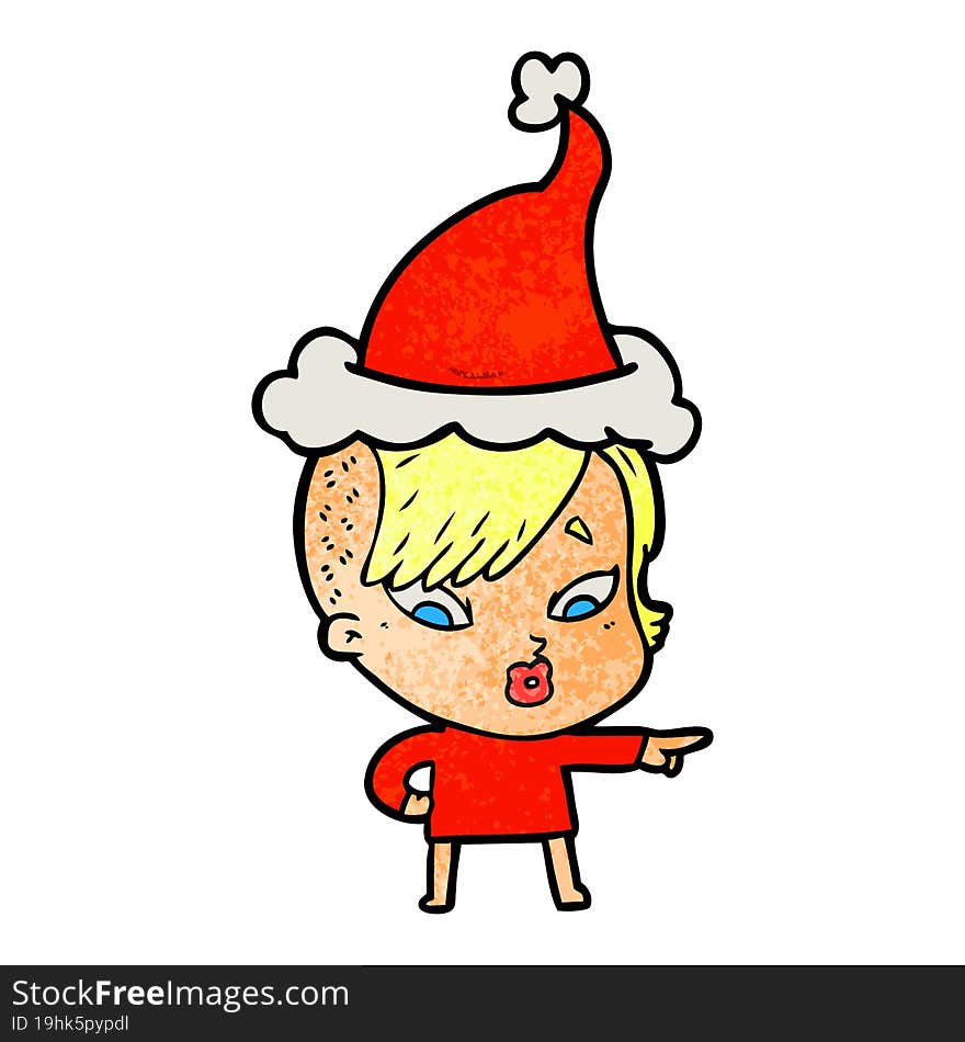 textured cartoon of a surprised girl pointing wearing santa hat