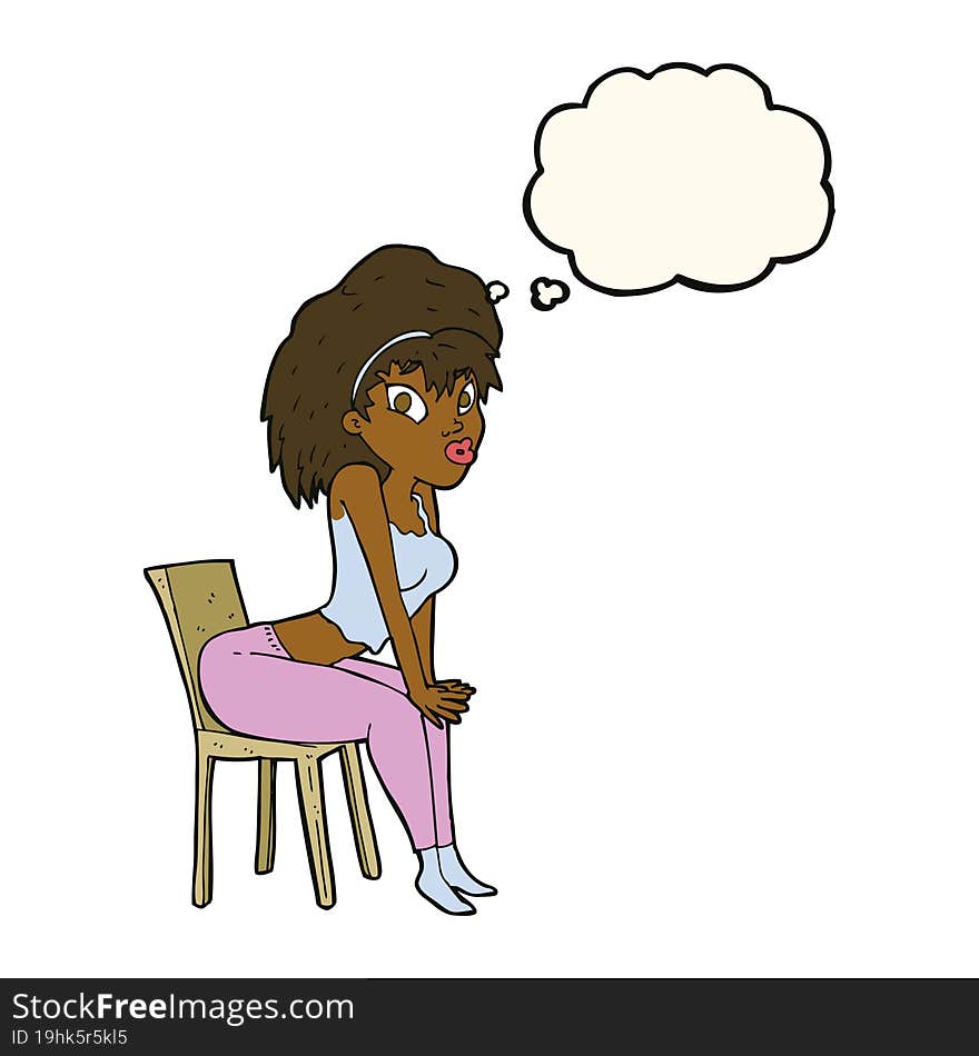 cartoon woman posing on chair with thought bubble