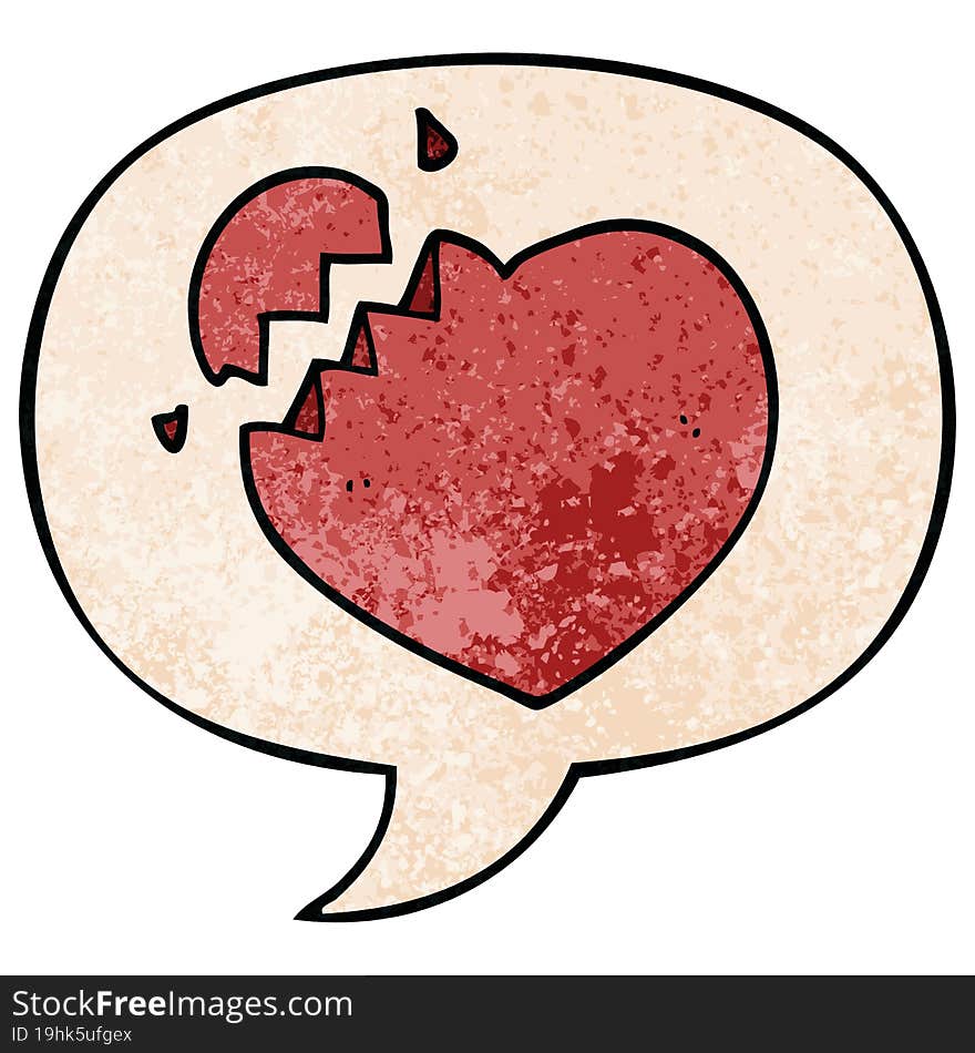 cartoon broken heart with speech bubble in retro texture style