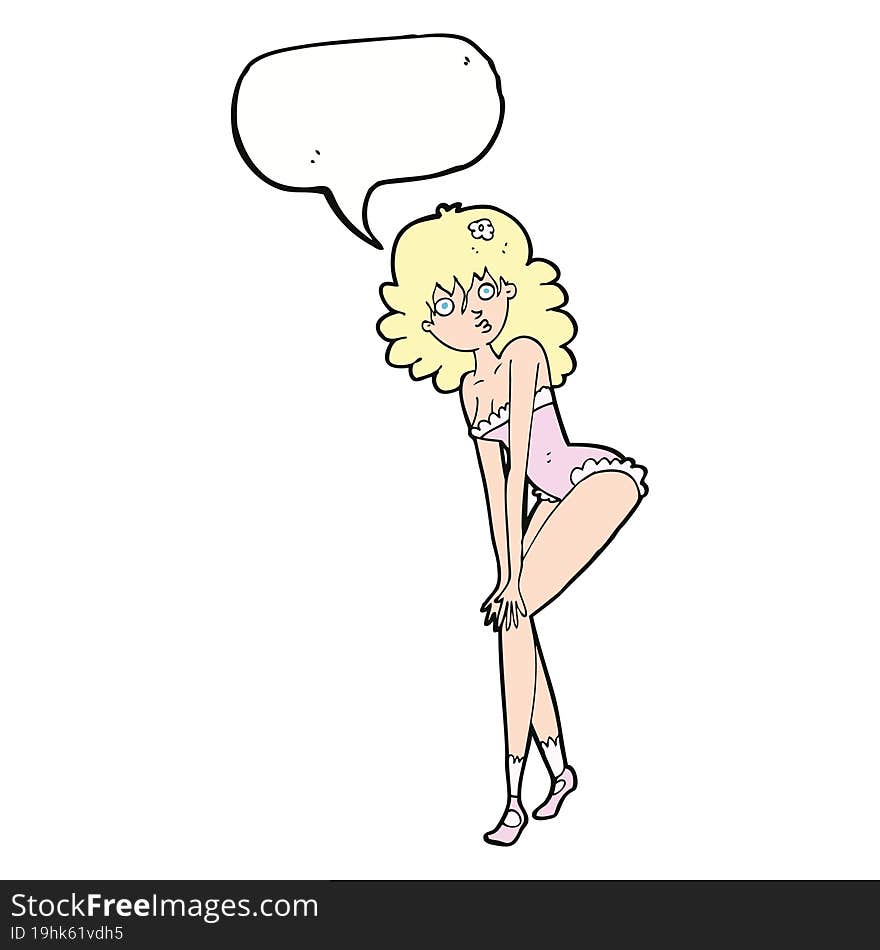 cartoon woman in lingerie with speech bubble