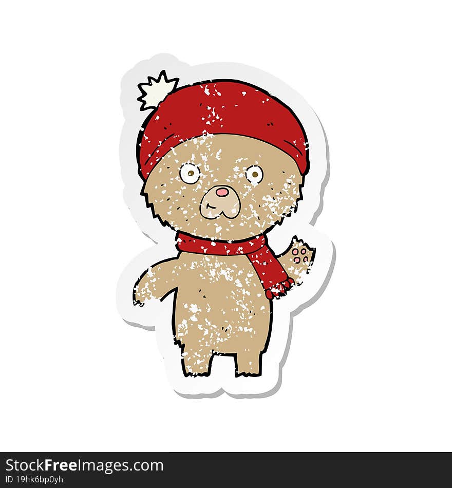 Retro Distressed Sticker Of A Cartoon Waving Teddy Bear