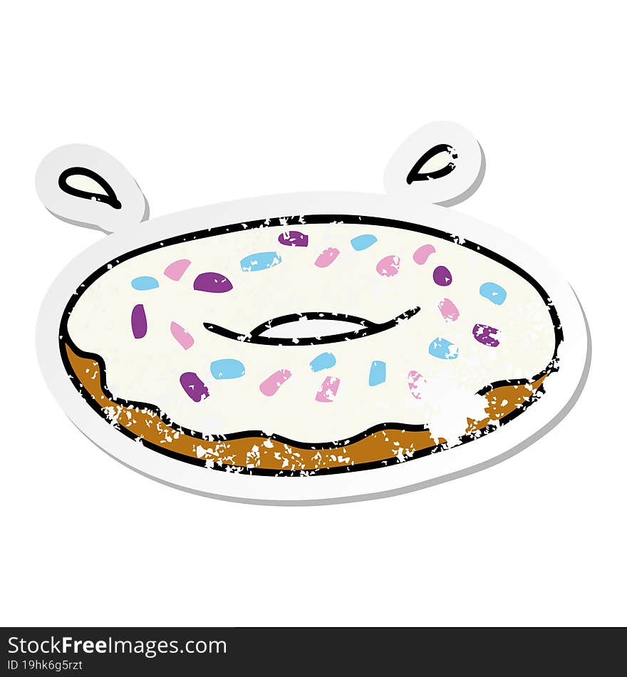 distressed sticker cartoon doodle of an iced ring donut