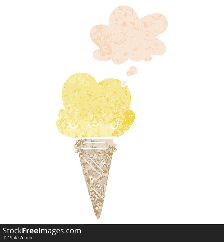 Cartoon Ice Cream With Face And Thought Bubble In Retro Textured Style