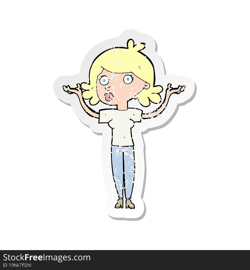 retro distressed sticker of a cartoon woman throwing arms in air