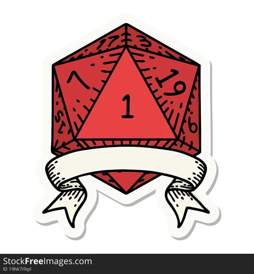 sticker of a natural one d20 dice roll. sticker of a natural one d20 dice roll