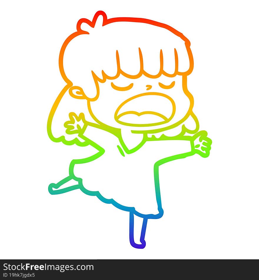 rainbow gradient line drawing of a cartoon woman talking loudly