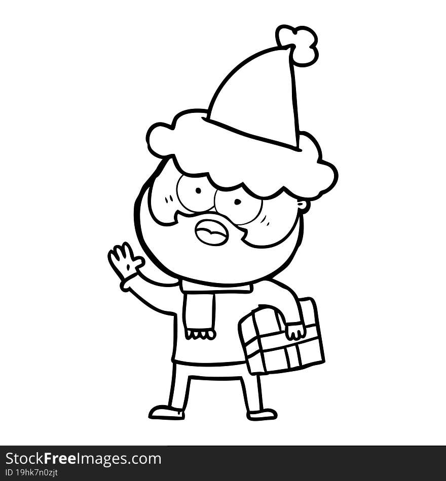 hand drawn line drawing of a bearded man with present wearing santa hat