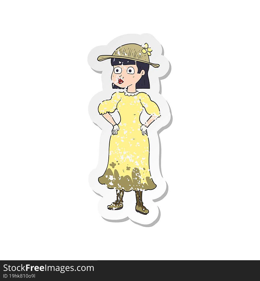 Retro Distressed Sticker Of A Cartoon Woman In Muddy Dress