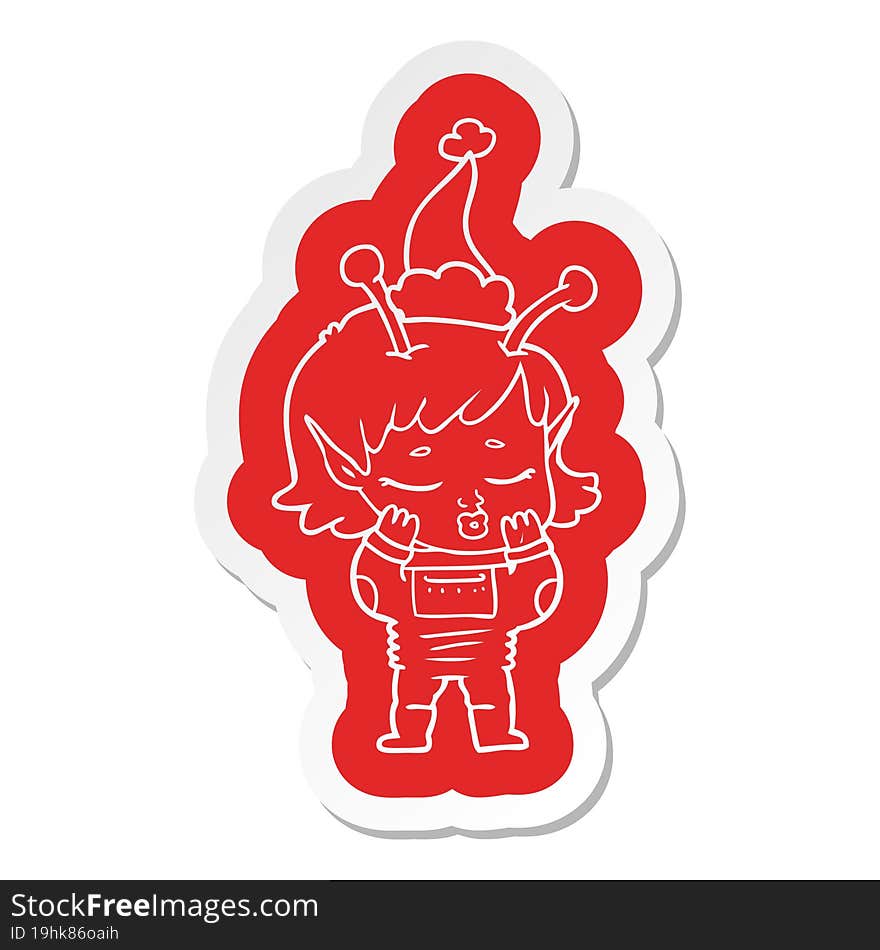 quirky cartoon  sticker of a alien girl wearing santa hat