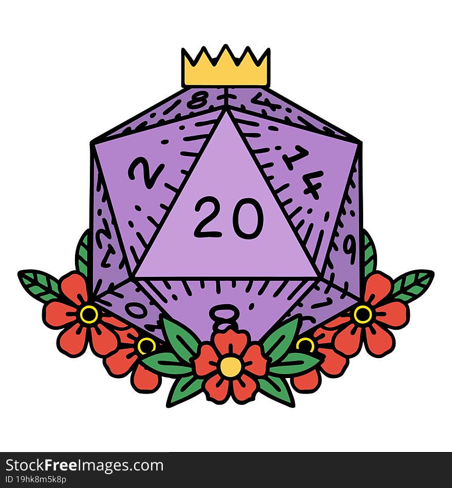 Natural 20 D20 Dice Roll With Floral Elements Illustration