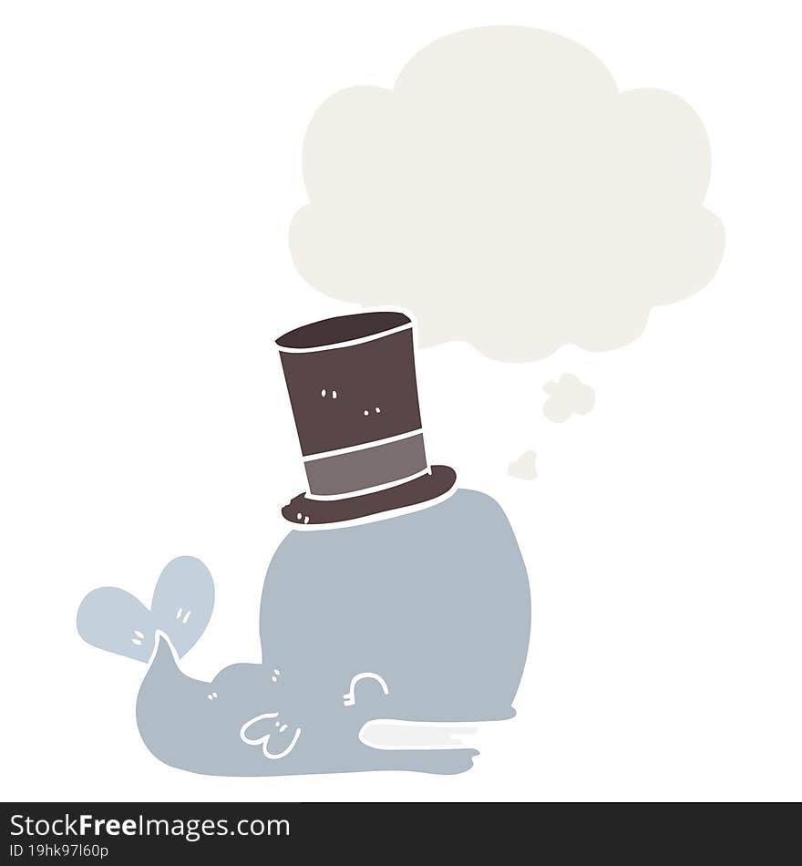 cartoon whale wearing top hat and thought bubble in retro style