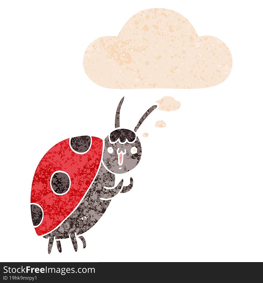 cute cartoon ladybug and thought bubble in retro textured style