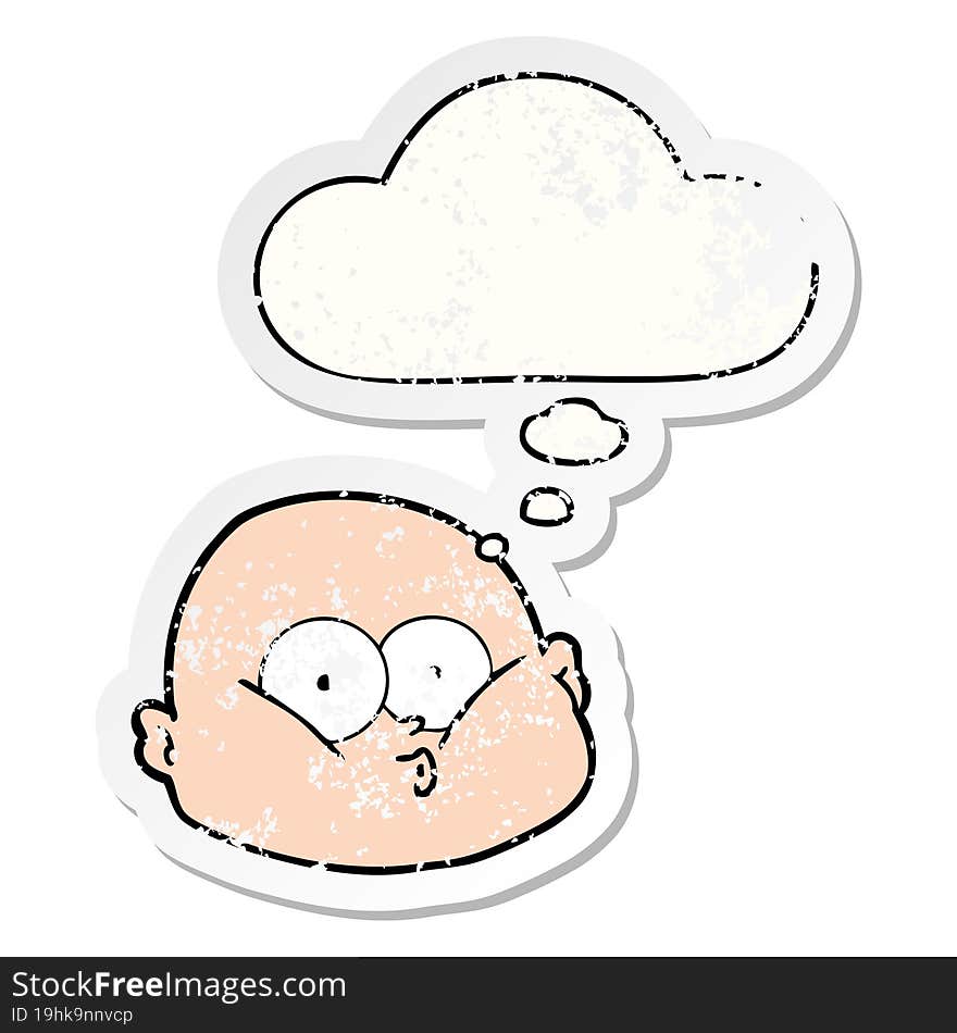 cartoon curious bald man and thought bubble as a distressed worn sticker