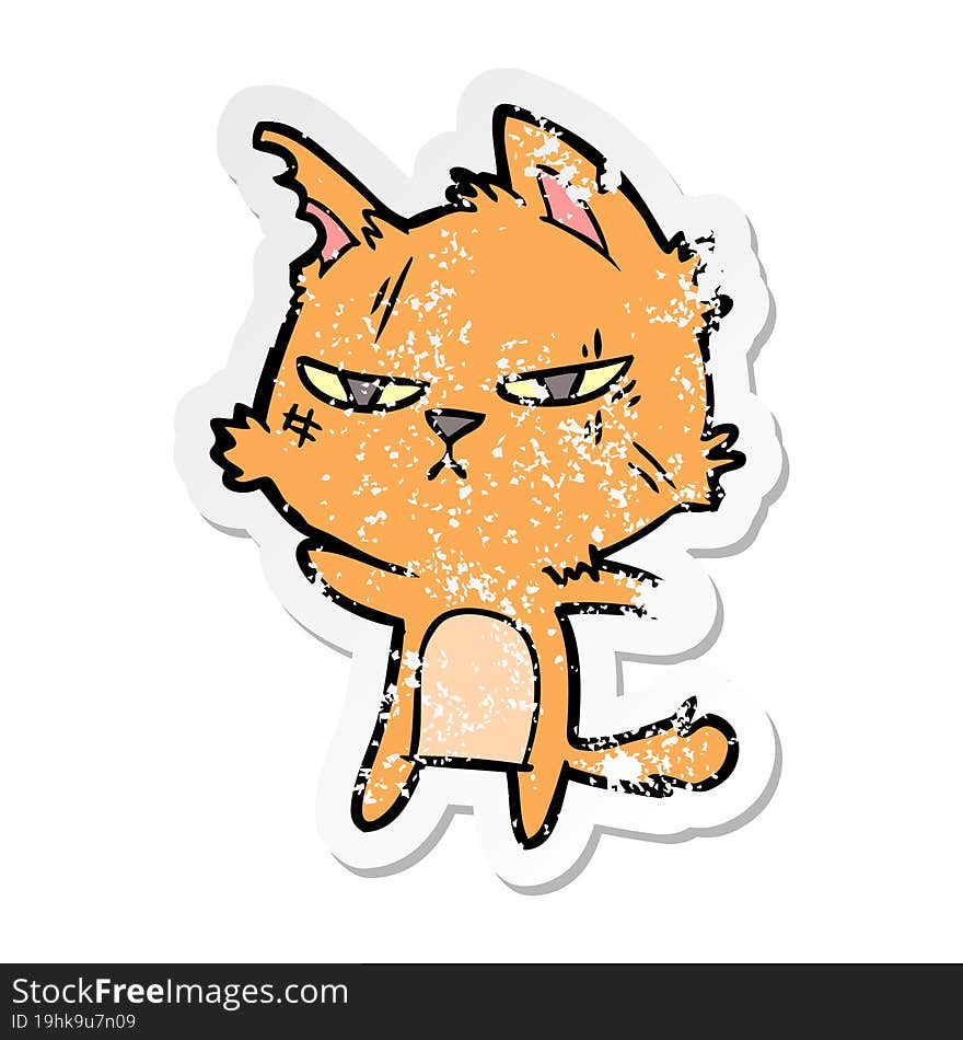 distressed sticker of a tough cartoon cat