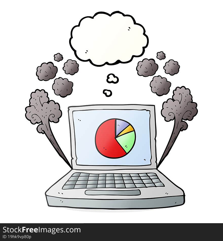 freehand drawn thought bubble cartoon laptop computer with pie chart