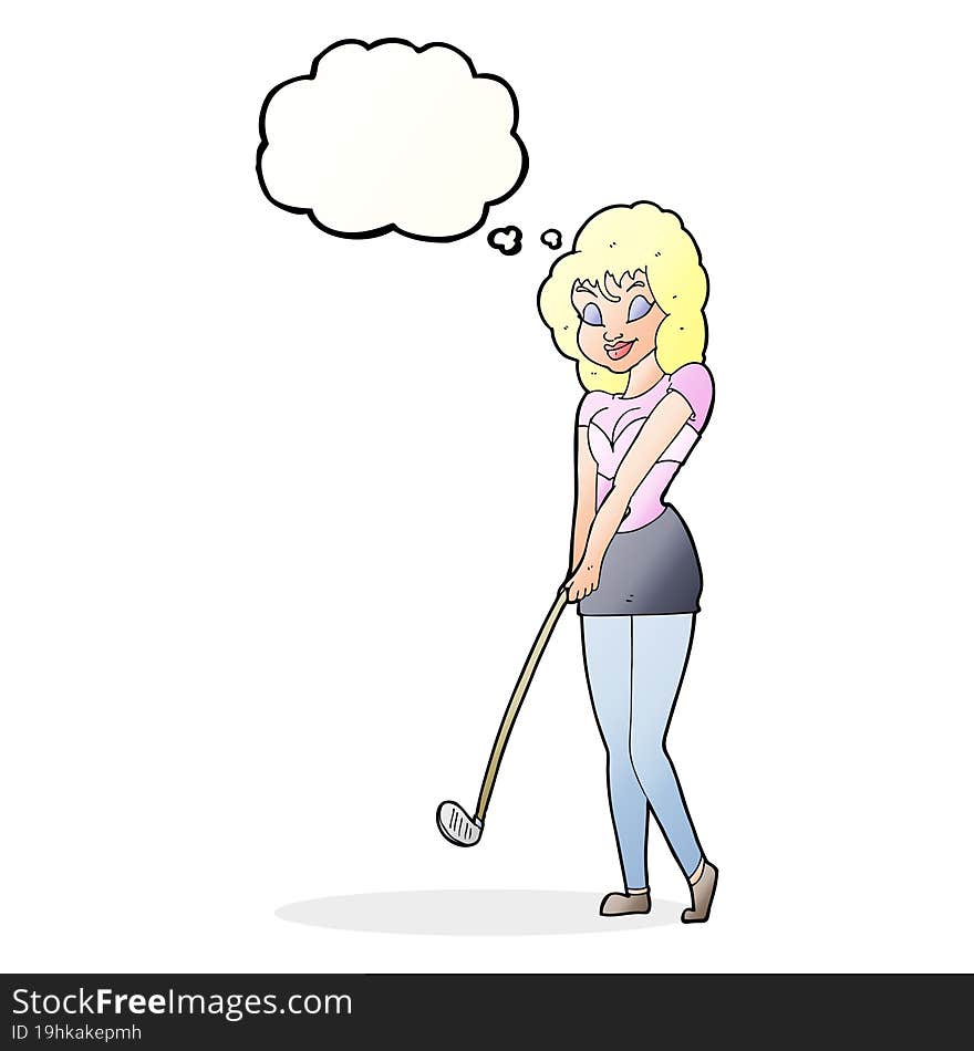 cartoon woman playing golf with thought bubble