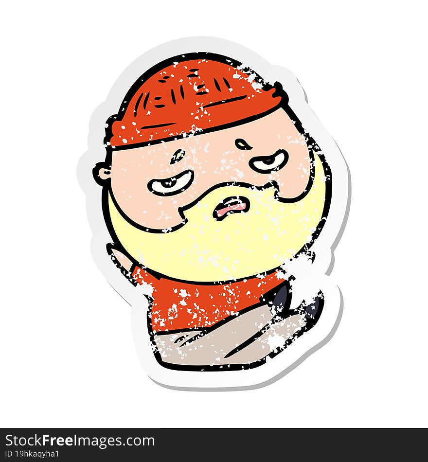 distressed sticker of a cartoon worried man with beard