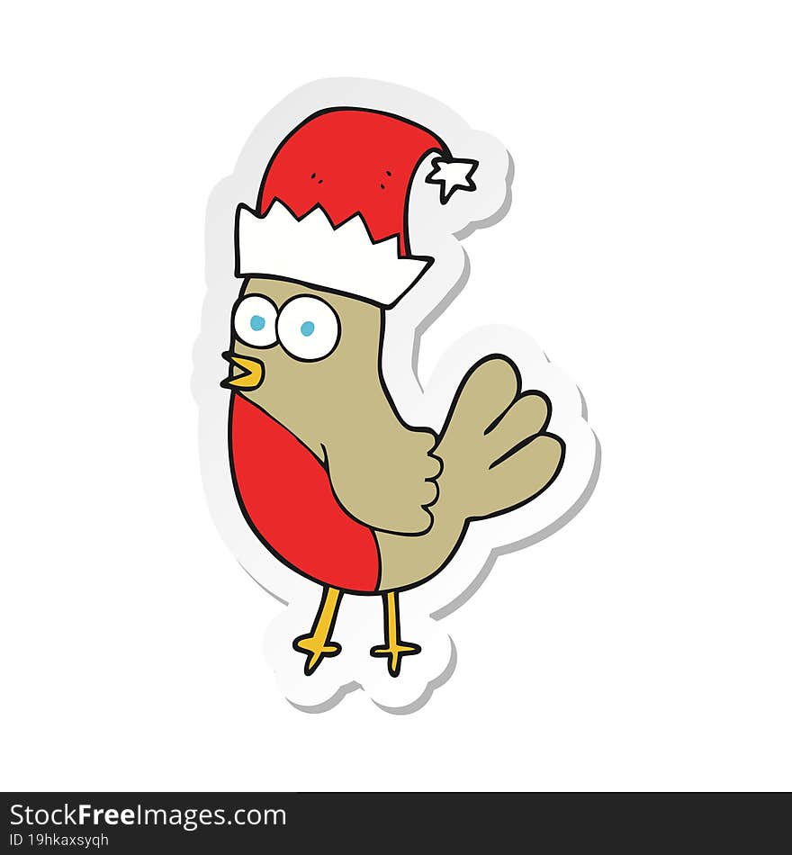 Sticker Of A Cartoon Robin In Christmas Hat