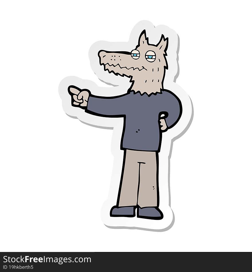 sticker of a cartoon pointing wolf man