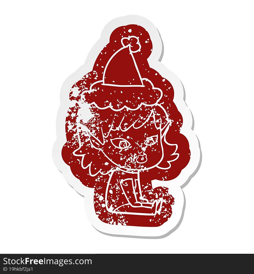 pretty cartoon distressed sticker of a elf girl wearing santa hat