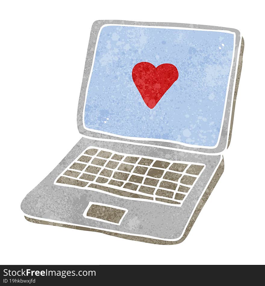 freehand retro cartoon laptop computer with heart symbol on screen