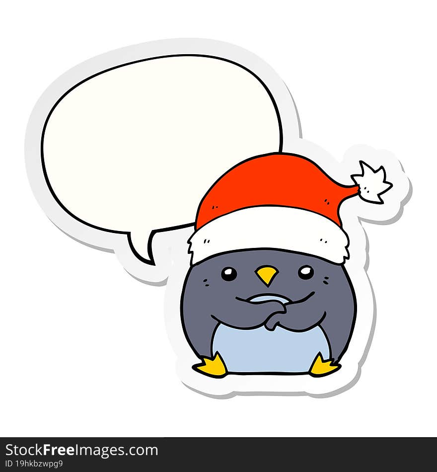 cute cartoon penguin wearing christmas hat and speech bubble sticker